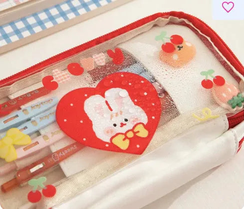 Japanese transparent heart-shaped pen bag in Korean style with rabbit designs