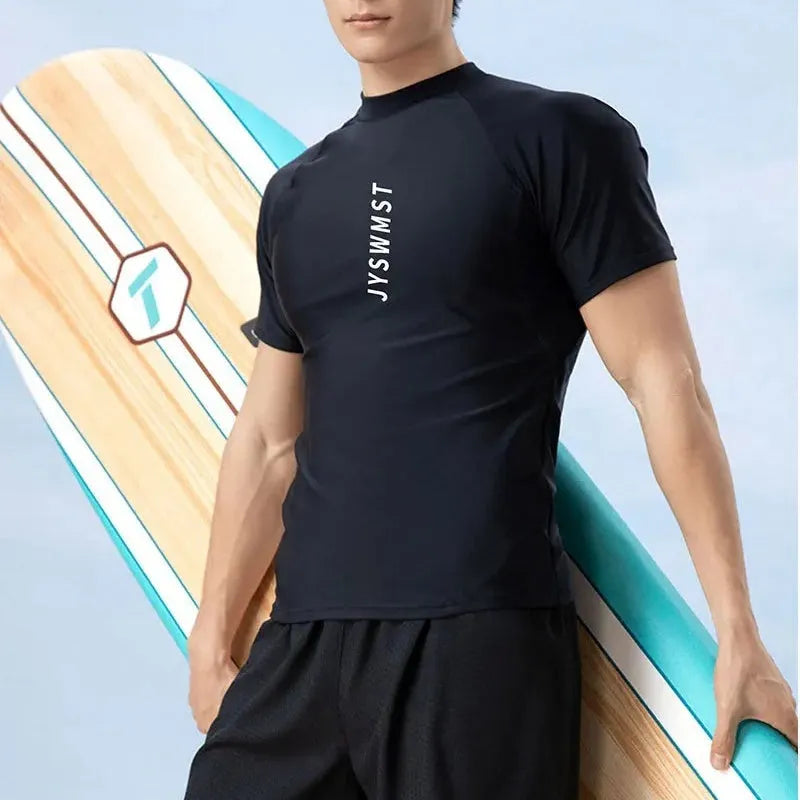 Men's patterned swimming trunks set with top and pants in polyester fabric