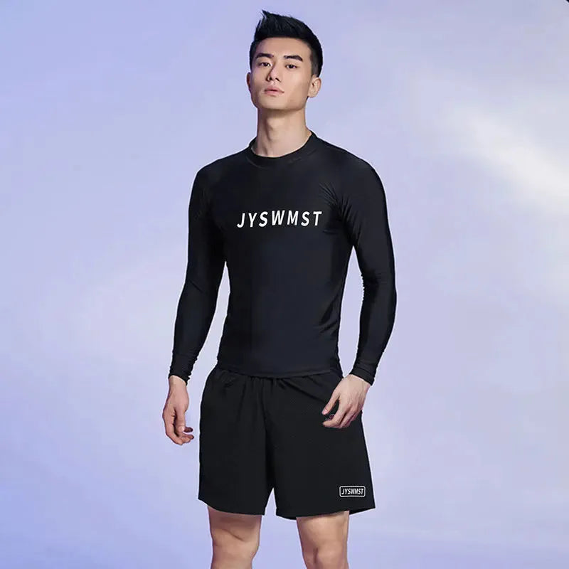 Men's patterned swimming trunks set with top and pants in polyester fabric