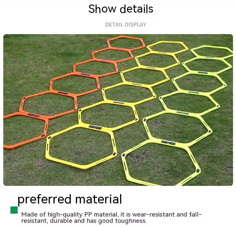 Set of six foldable hexagon football agility training rings in green, orange and yellow PP plastic