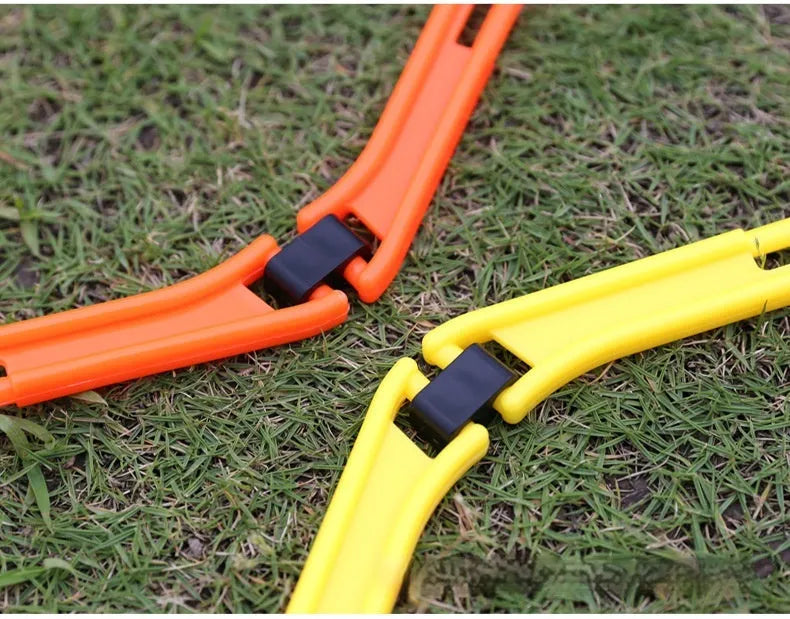 Set of six foldable hexagon football agility training rings in green, orange and yellow PP plastic