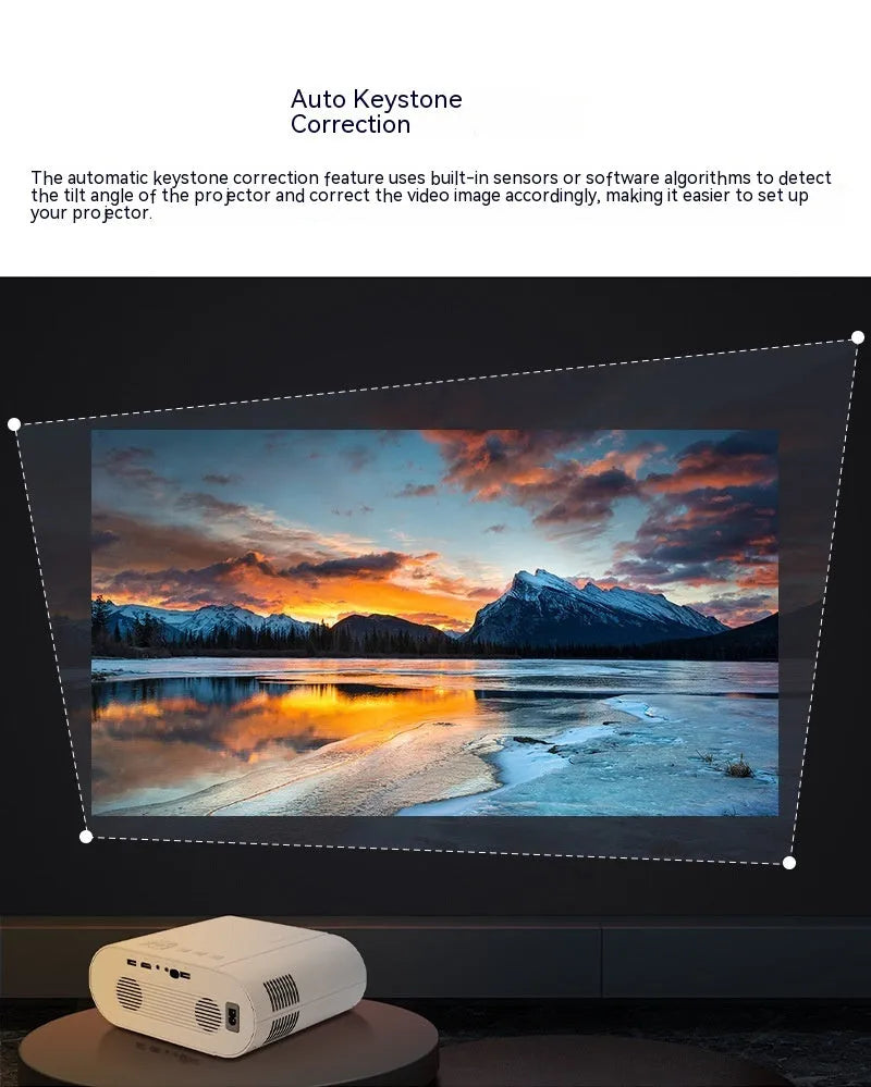 White T07 Full HD smart projector with remote control on a wooden table.