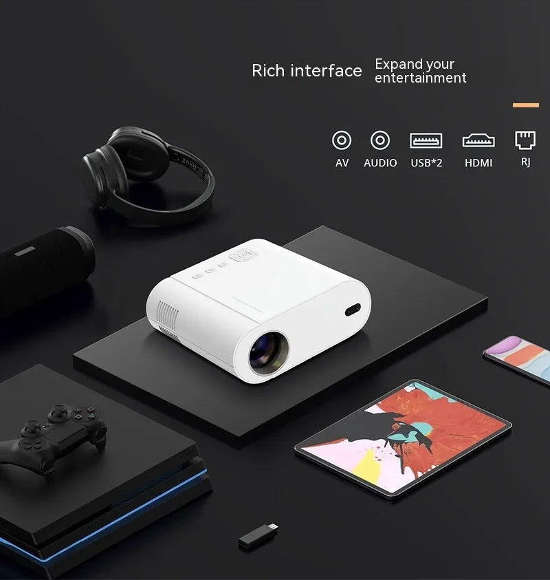 White T07 Full HD smart projector with remote control on a wooden table.