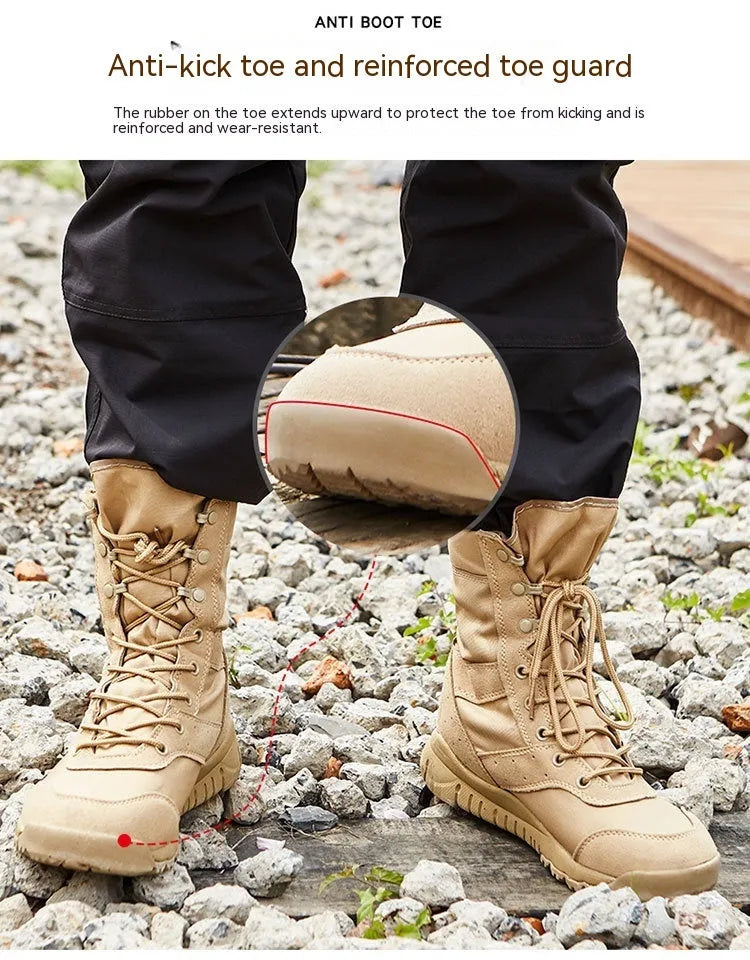 Yulong Summer Combat Boots in black and sand colour, tactical desert boots for outdoor use.