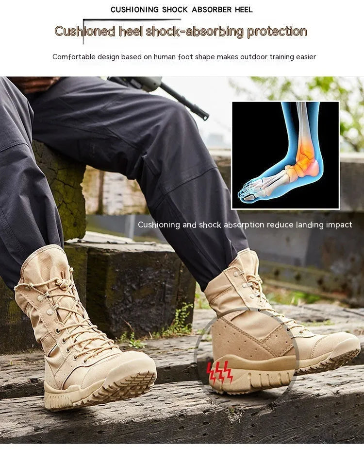 Yulong Summer Combat Boots in black and sand colour, tactical desert boots for outdoor use.