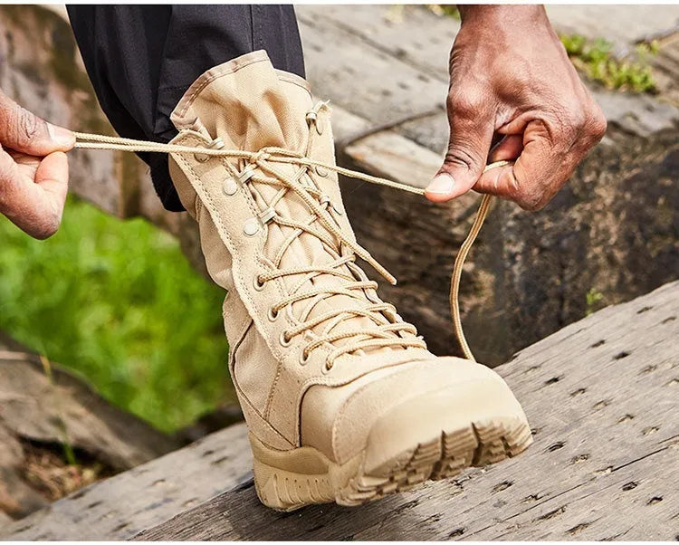 Yulong Summer Combat Boots in black and sand colour, tactical desert boots for outdoor use.