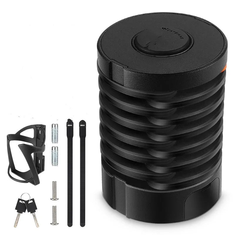 Black folding bicycle lock with zinc alloy and steel construction in compact folded position