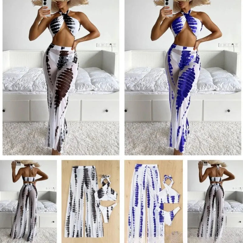 Three-piece swimsuit bikini set with mesh trousers in printing pattern