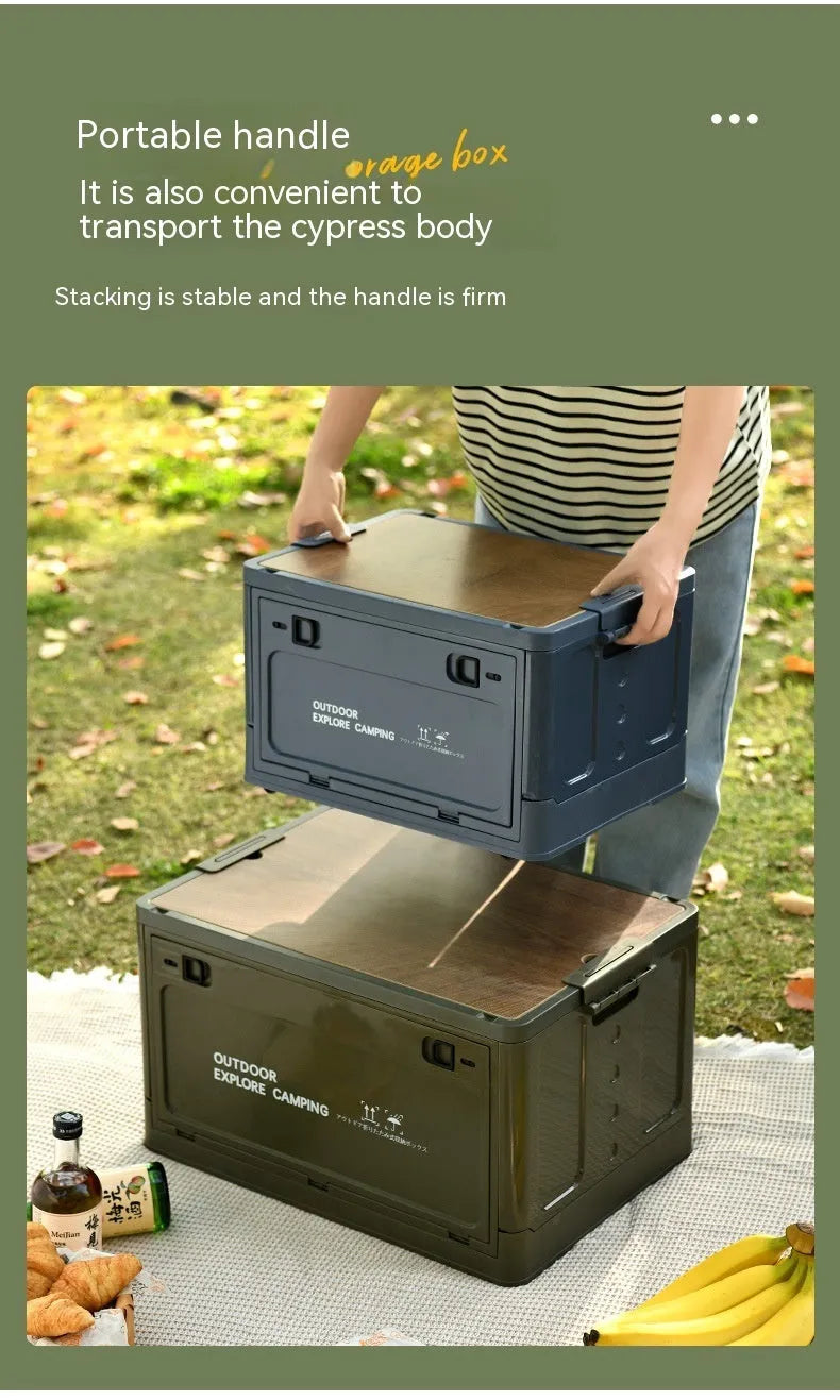 Large white foldable plastic storage box with wooden lid showing 45L capacity for household organisation