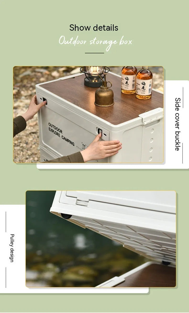 Large white foldable plastic storage box with wooden lid showing 45L capacity for household organisation