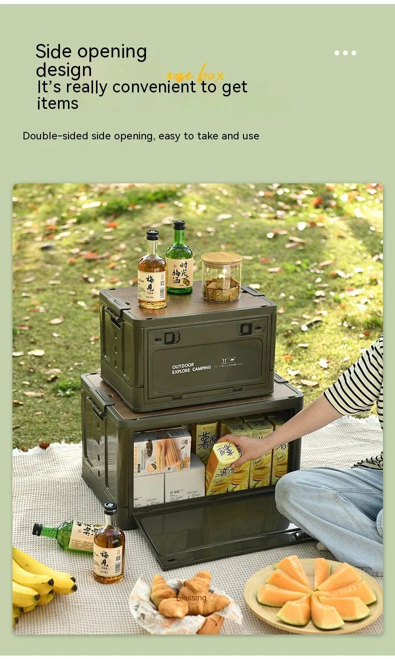 Large white foldable plastic storage box with wooden lid showing 45L capacity for household organisation
