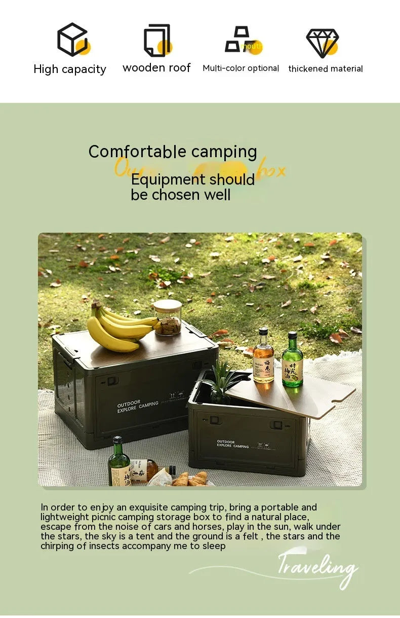 Large white foldable plastic storage box with wooden lid showing 45L capacity for household organisation