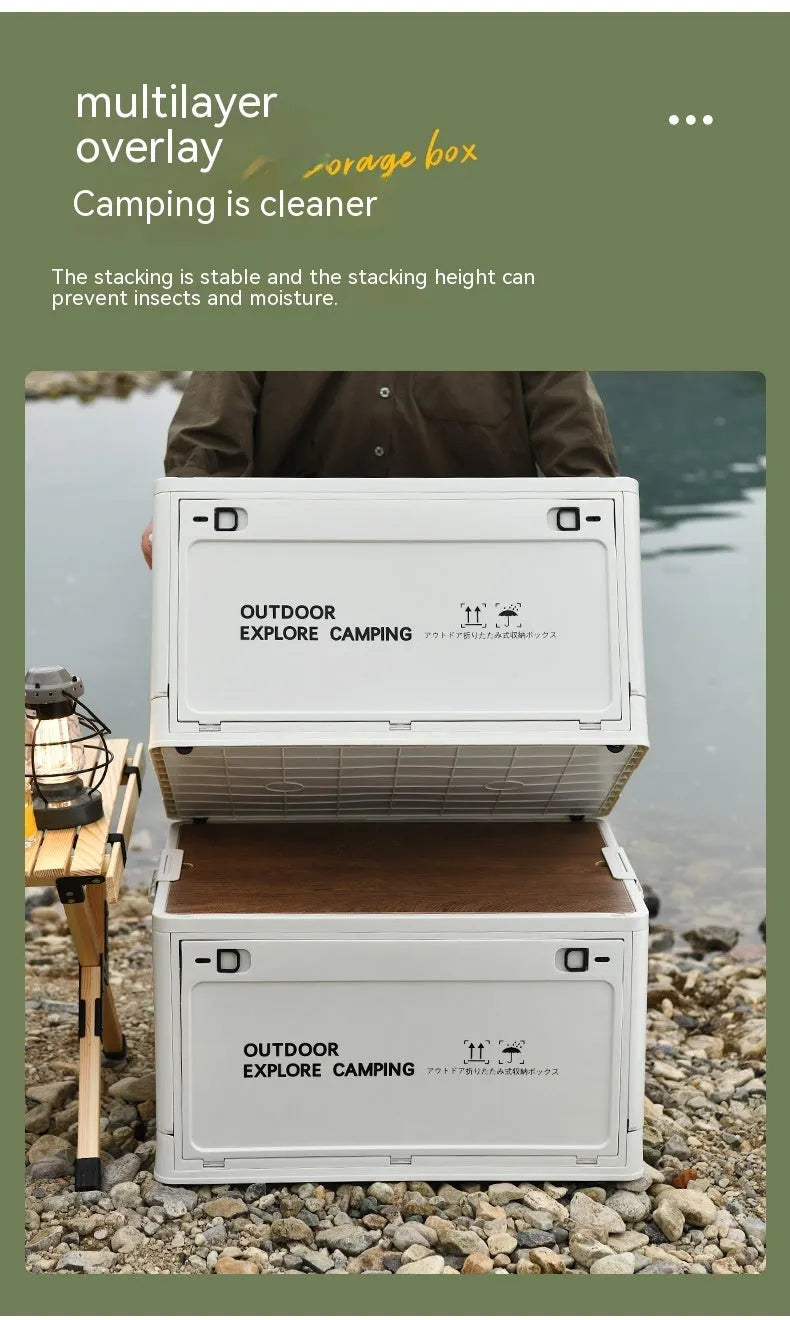 Large white foldable plastic storage box with wooden lid showing 45L capacity for household organisation