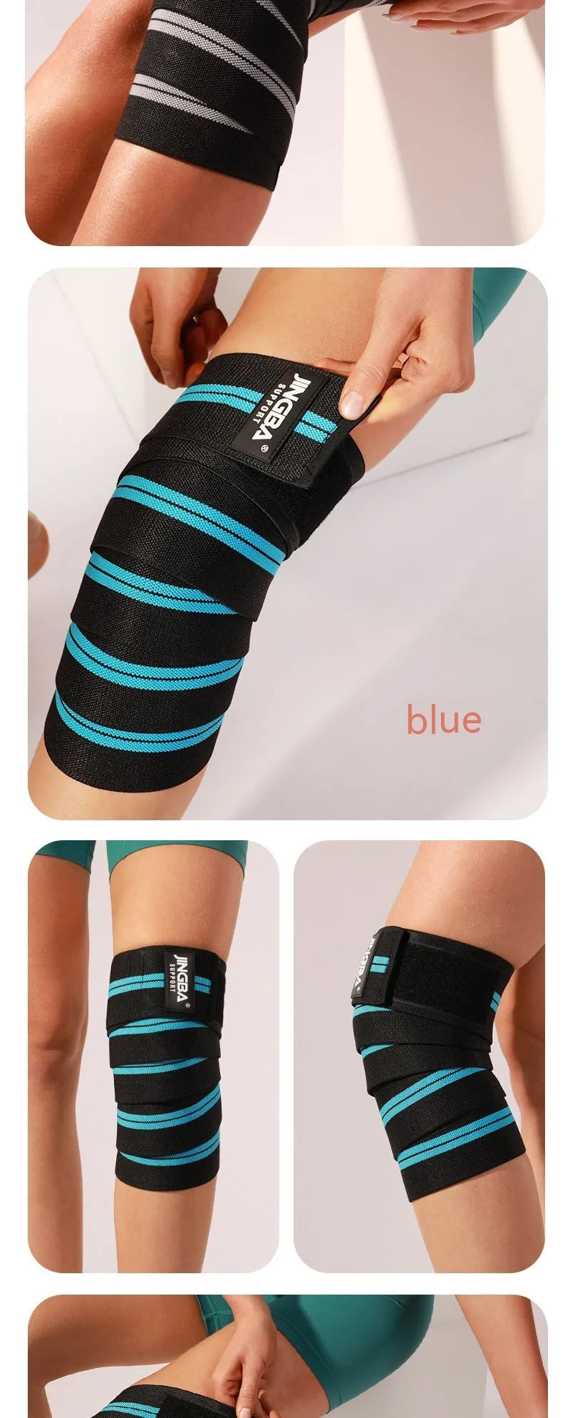 Adjustable free-size knee pads for sports, shown in blue, for weightlifting and cycling.