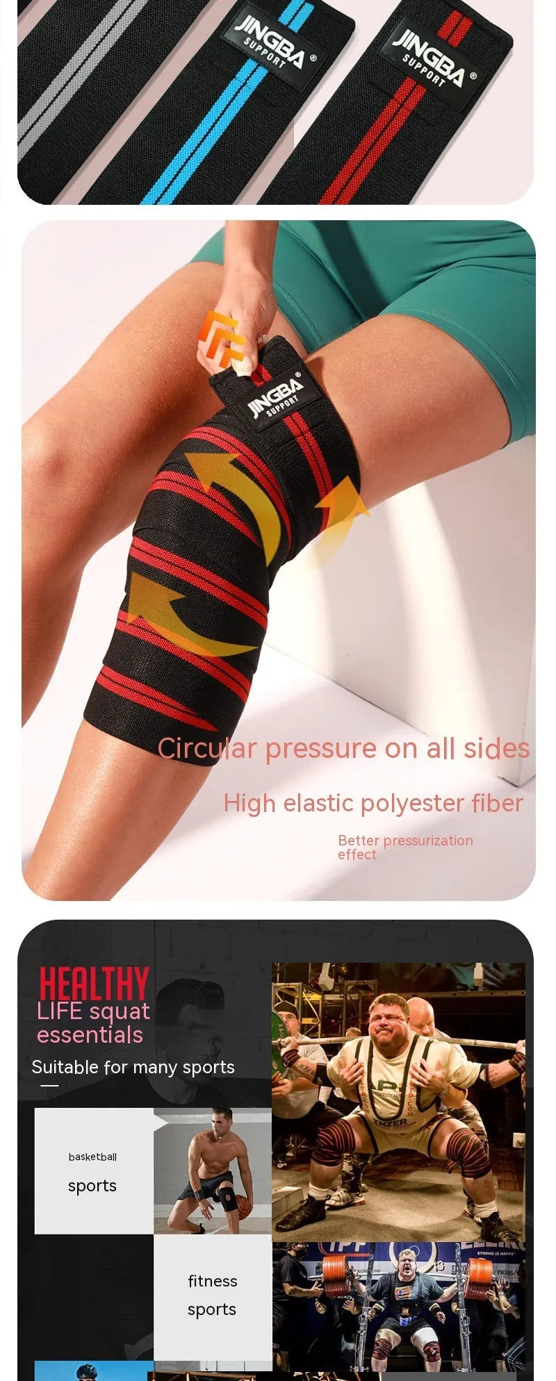 Adjustable free-size knee pads for sports, shown in blue, for weightlifting and cycling.