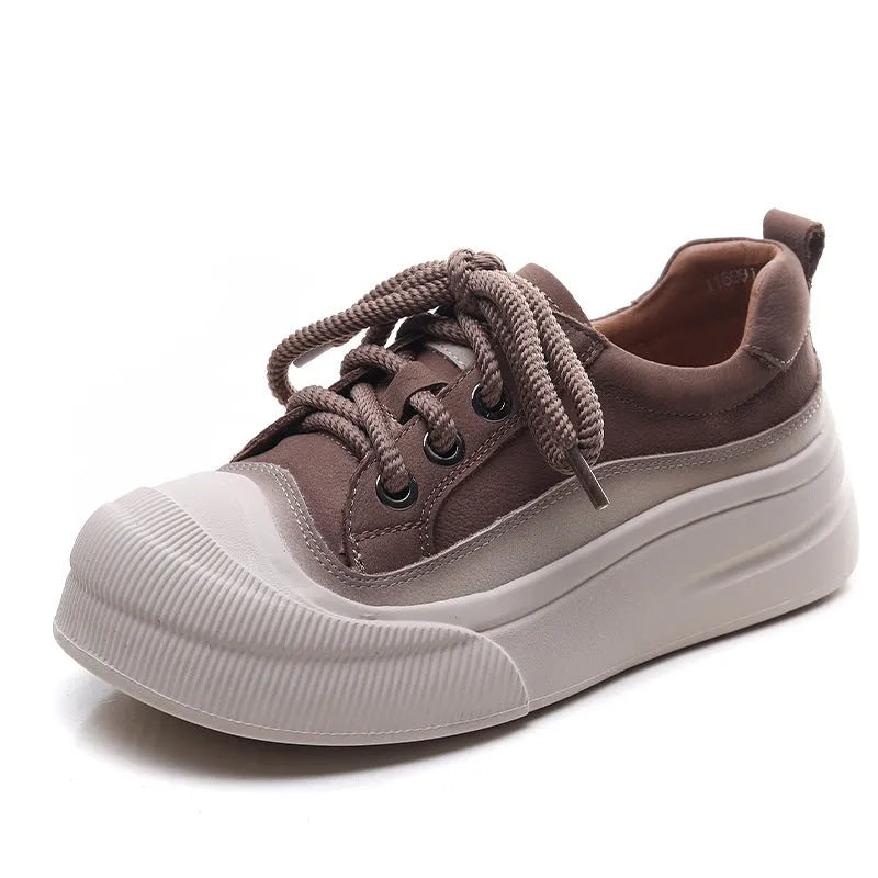 Women's casual lace-up shoes in cameo brown and yellow featuring round toe and first layer cowhide upper