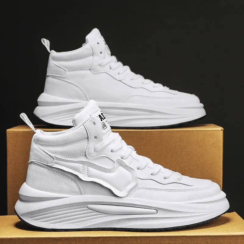Men's black and white platform high-top board shoes with round toe and artificial PU leather upper