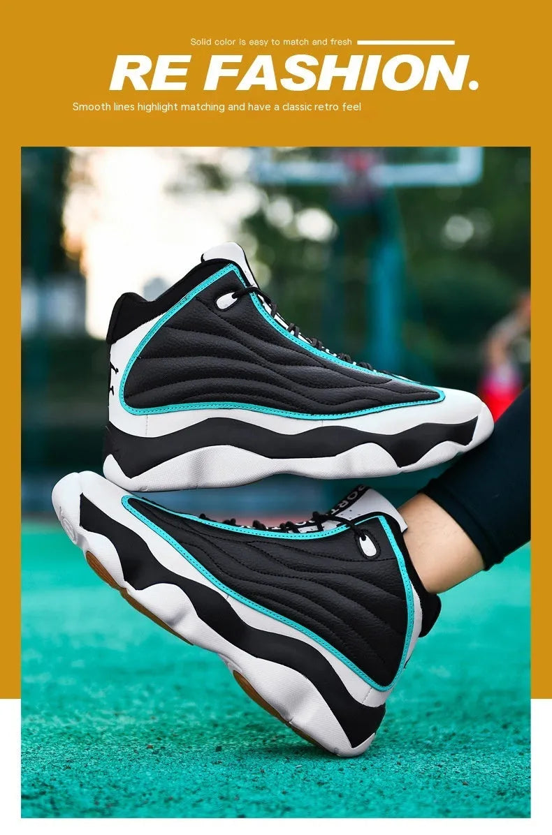 High-top basketball shoes in AJ13 white red colourway with mesh upper and rubber sole