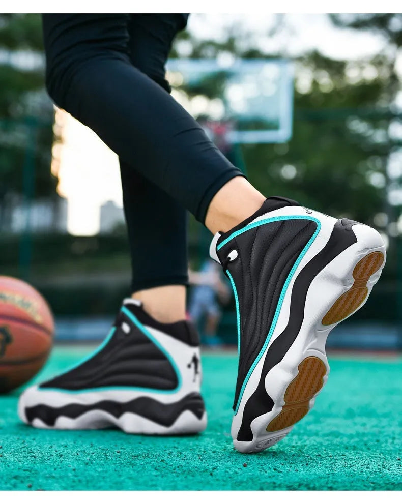 High-top basketball shoes in AJ13 white red colourway with mesh upper and rubber sole