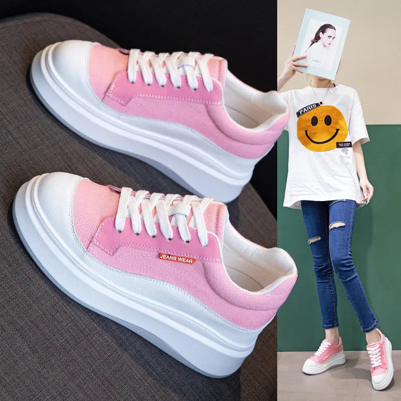 Beige and pink women's leather board shoes with thick soles on a white background.