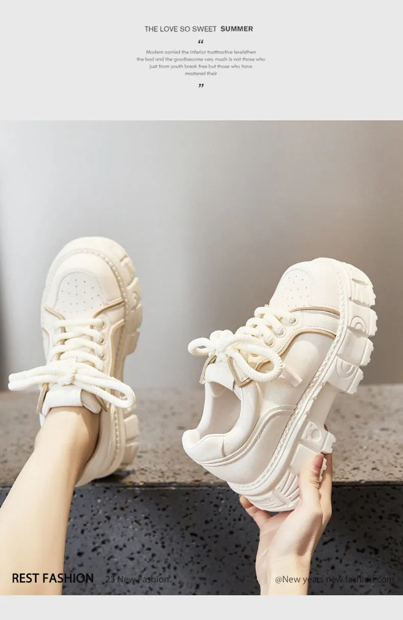 Women's beige leather muffin bottom casual shoes with rubber foam soles for height increase