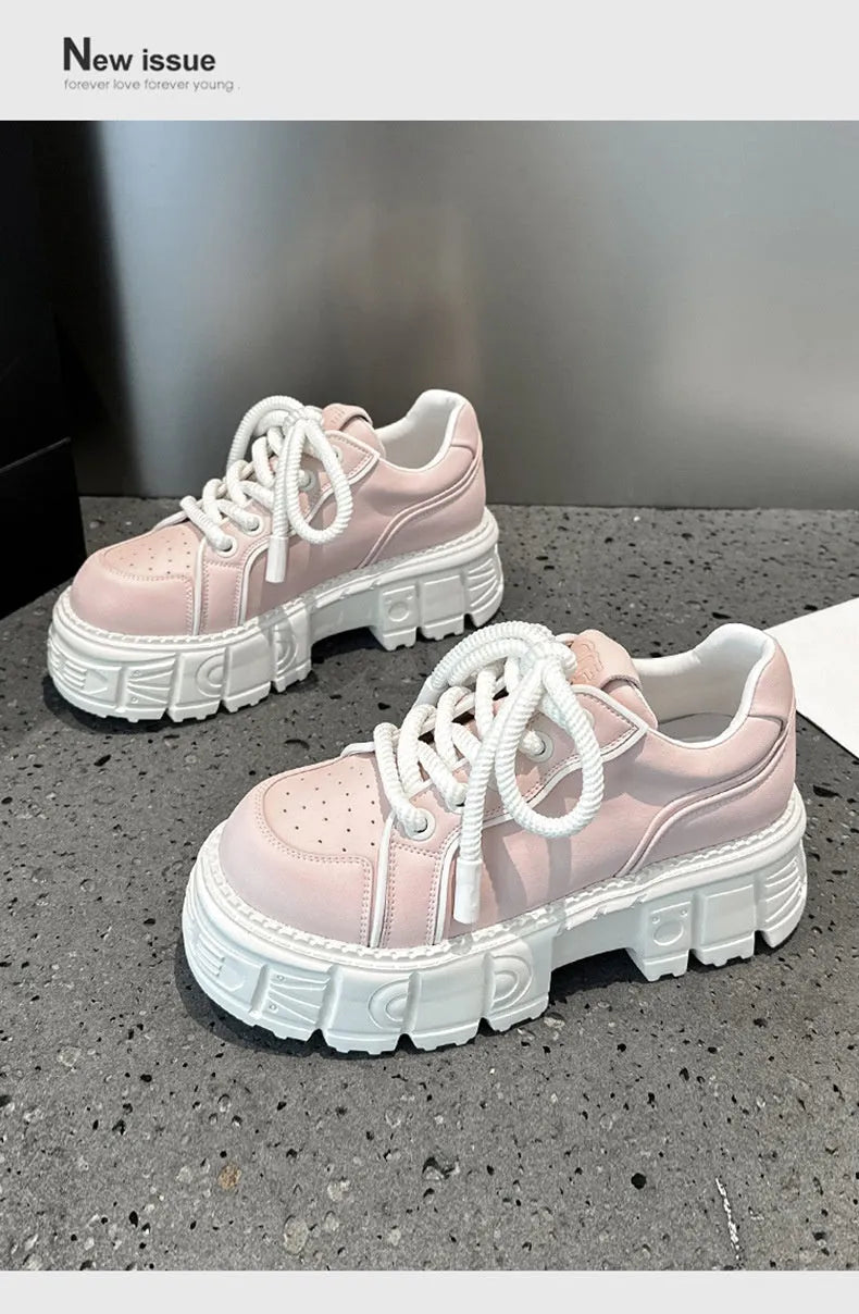 Women's beige leather muffin bottom casual shoes with rubber foam soles for height increase
