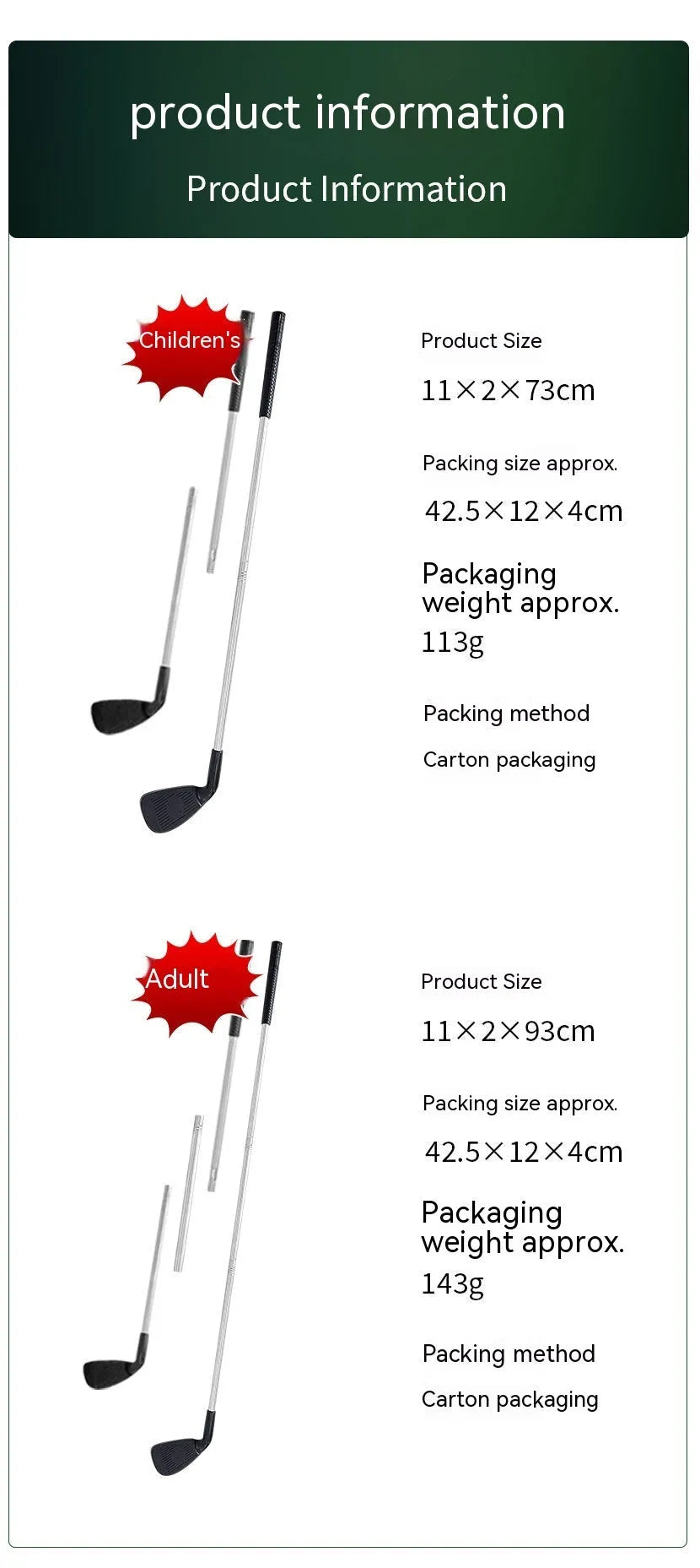 Silver metal golf club set showing adult and children's sizes for outdoor recreation