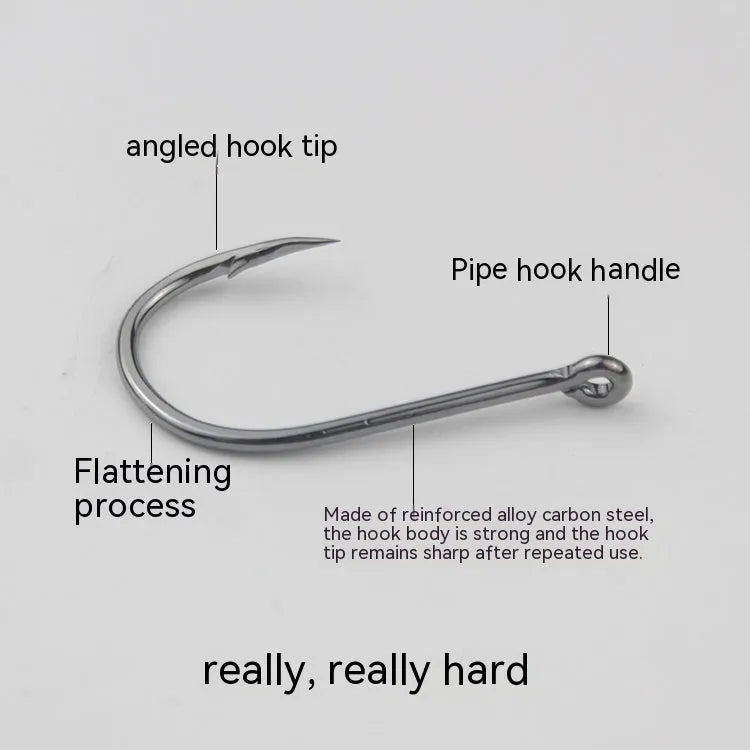 A selection of barbed, crooked mouth fishing hooks with ring holes made from alloy carbon steel.