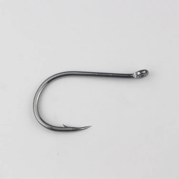 A selection of barbed, crooked mouth fishing hooks with ring holes made from alloy carbon steel.