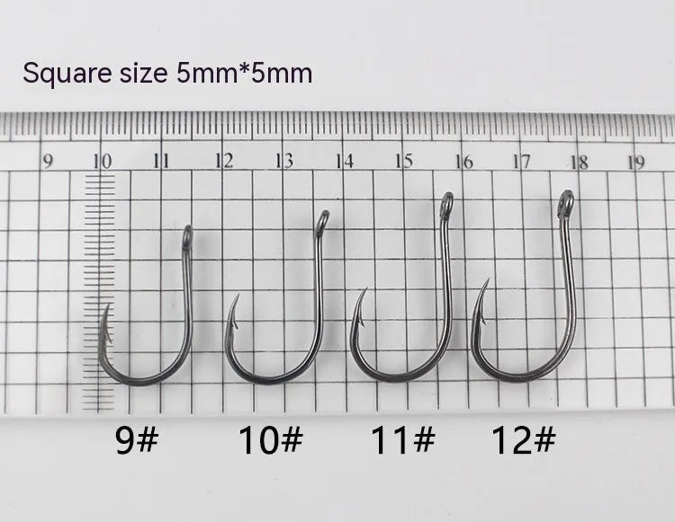 A selection of barbed, crooked mouth fishing hooks with ring holes made from alloy carbon steel.