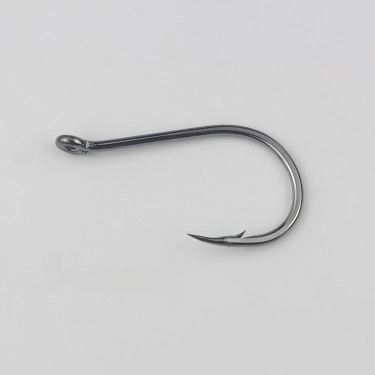 A selection of barbed, crooked mouth fishing hooks with ring holes made from alloy carbon steel.