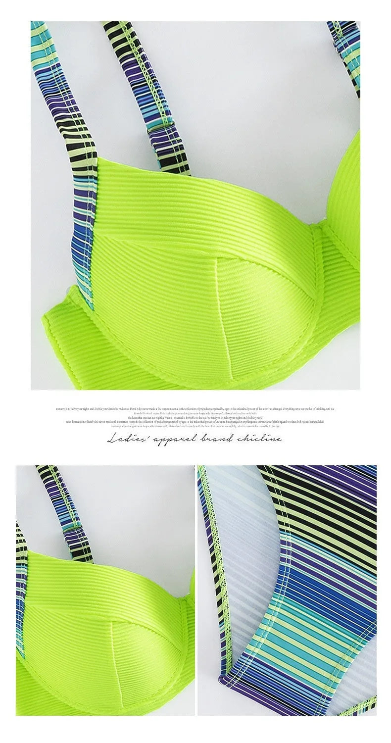 Green printed women's halter bikini with briefs bottoms on white background