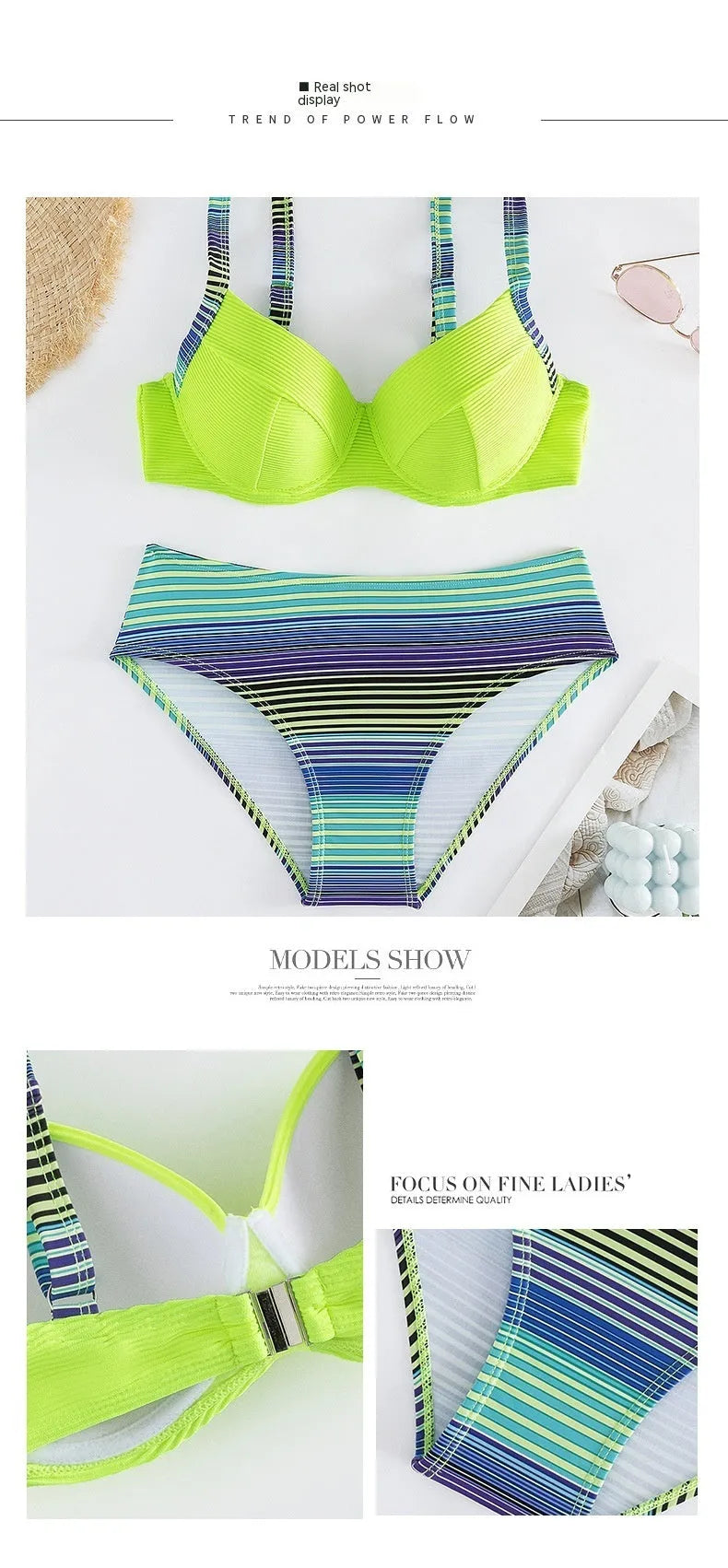 Green printed women's halter bikini with briefs bottoms on white background