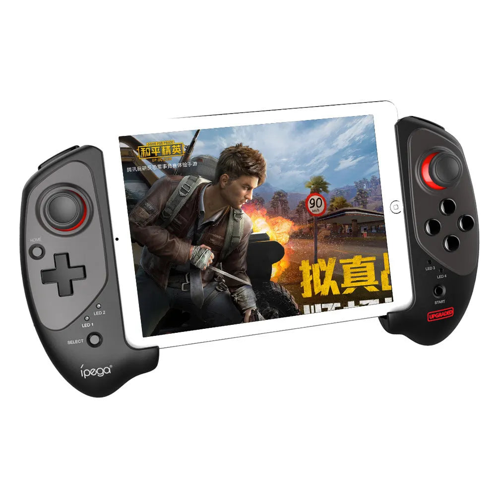 Red telescopic gamepad controller extended to hold mobile device with USB cable