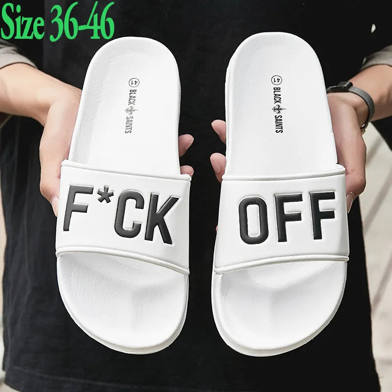 Large size men's personalised slippers with rubber sole and open toe design in black and white
