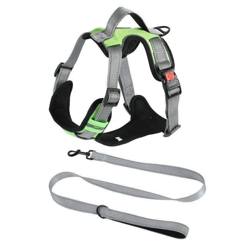 Adjustable polyester dog chest harness in multiple colours with optional hand-holding rope attached.