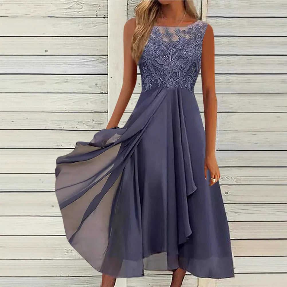 Women's sleeveless mid-length dress with lace hollow-out stitching in blue, green, or purple polyester fabric