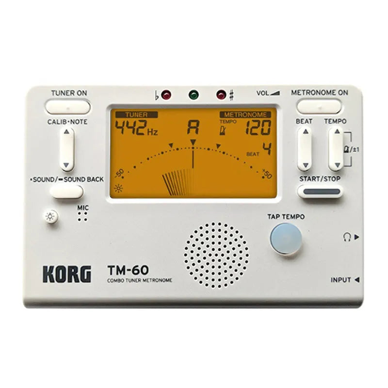 TM-60 digital tuner metronome in black or white plastic shell with display and controls