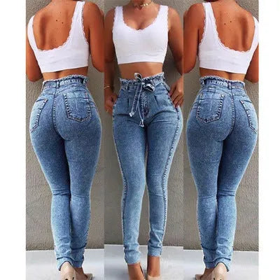 Women's fringed jeans with distressed hem in grey, dark blue, and light blue colours, showing five-pocket design and loose fit