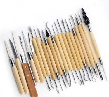 Brown 27-piece pottery clay tool set with stainless steel blades and wooden handles for sculpting