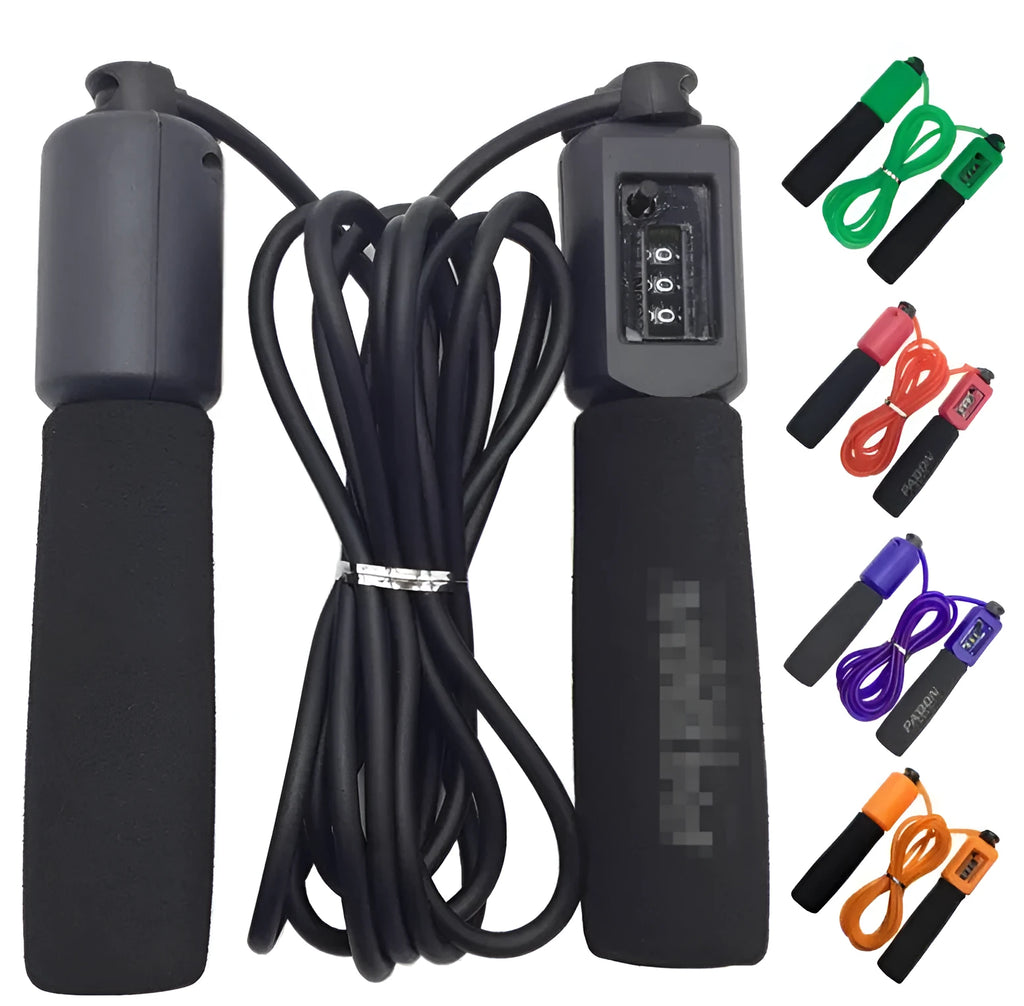 A fitness skipping rope with sponge handles, showing the 3m length and available in black, blue, green, and red colours.