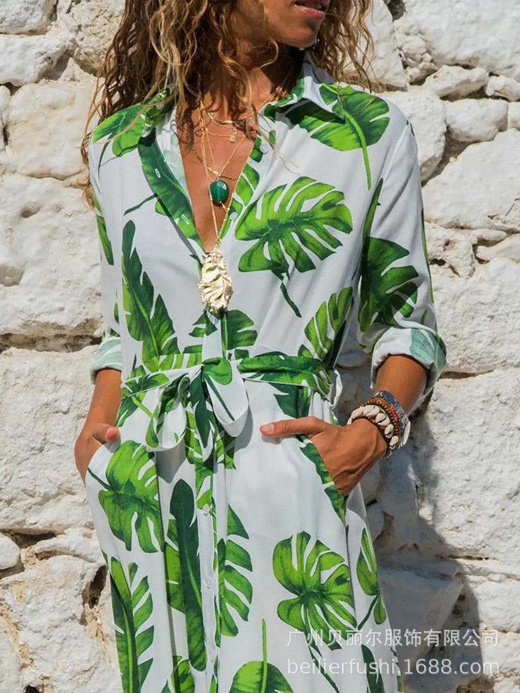 Women's vintage-inspired chiffon summer dress with V-neck and printed A-line skirt.