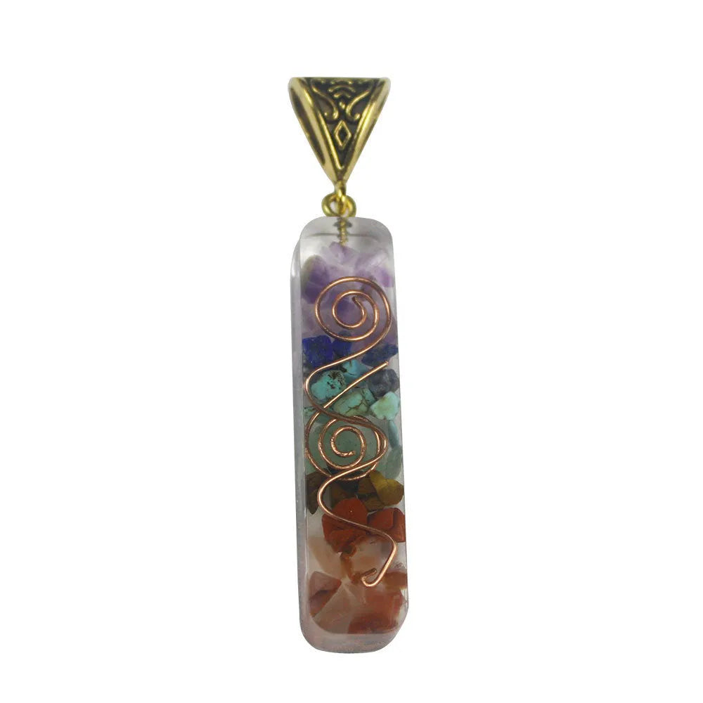 Gravel seven chakra spirit pendant geometric unisex acrylic jewellery with natural crushed stone about 4.5*1*0.8cm