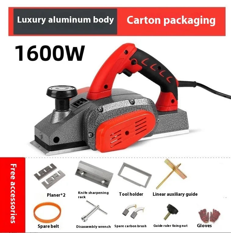 Red aluminium electric wood planer tool with 82mm cutting width on workbench