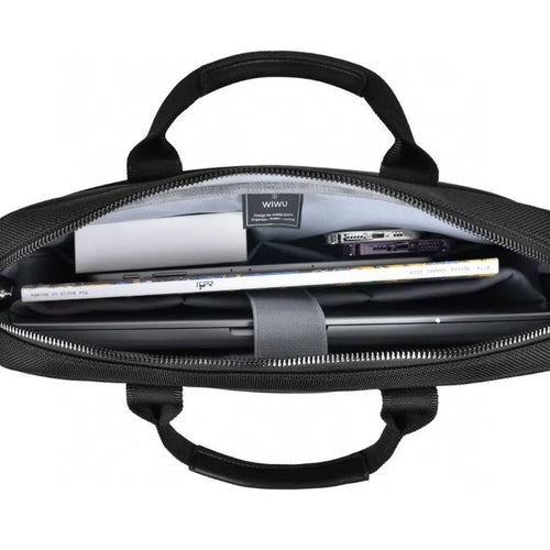 Black oxford cloth laptop handbag showing multi-pocket interior and separate padded computer compartment.