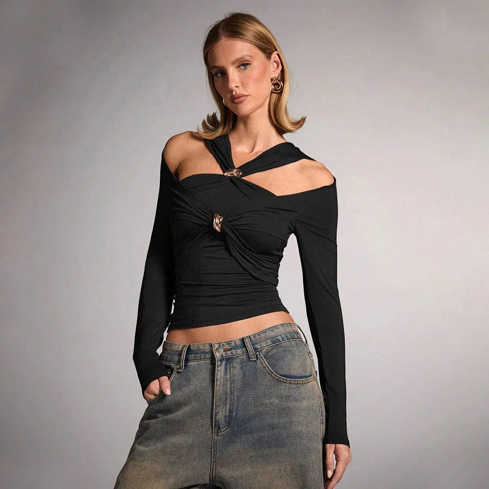 Black women's halter top with shoulder-baring design and slim fit