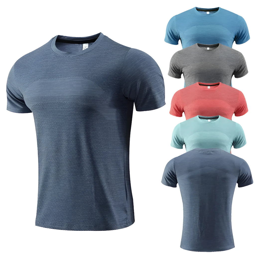 Men's short sleeve basketball T-shirt in polyester spandex, shown in red, on a mannequin.