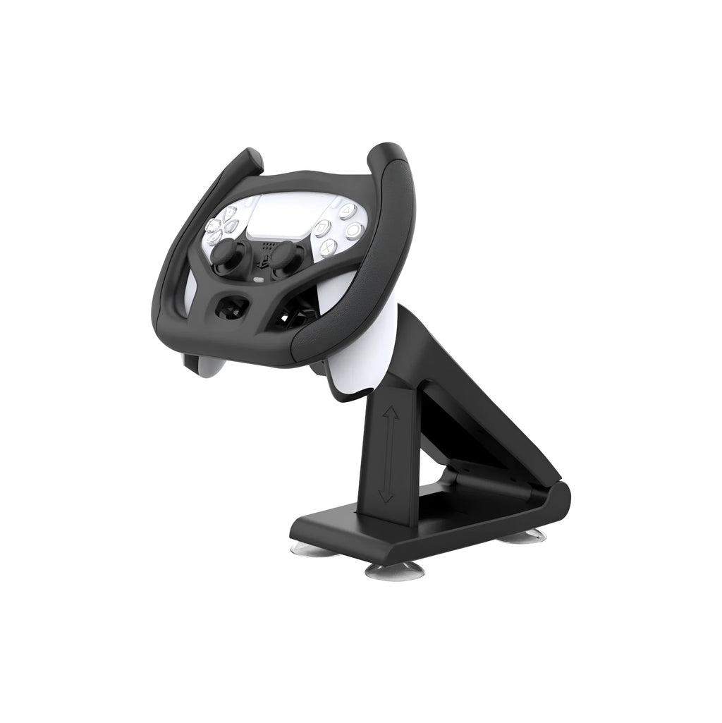 Black ABS plastic smartphone steering wheel bracket with suction cup attachment for mobile gaming
