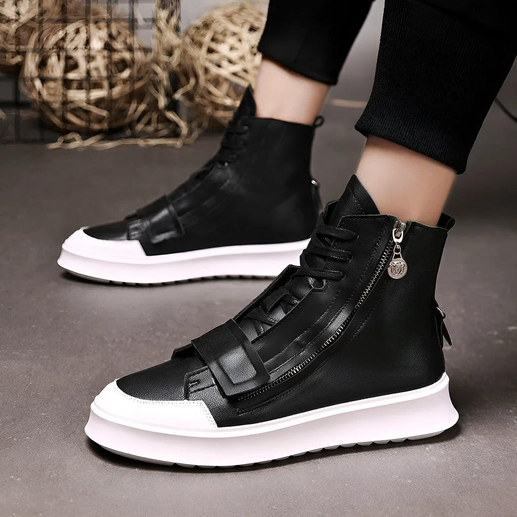 Men's black and white PU leather ankle boots with microfiber upper in high-top sneaker style.