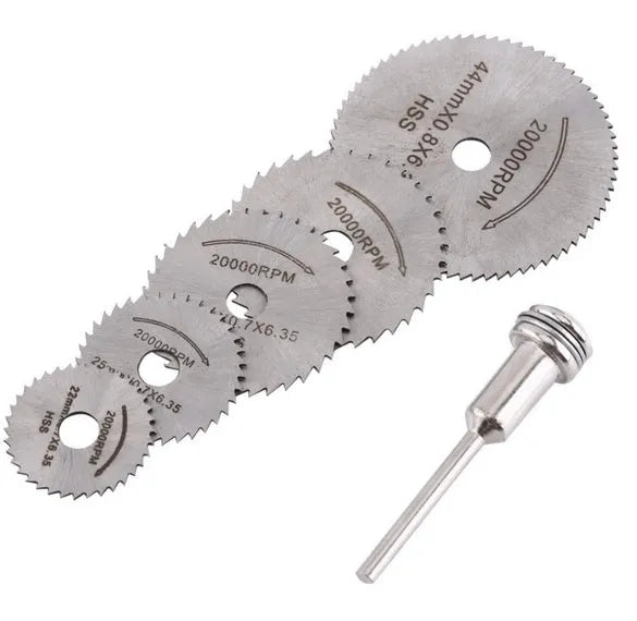 Six high-speed steel circular saw blades with diameters from 10mm to 25mm for woodworking
